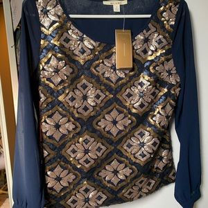 Long Sleeve Navy Sequin Top
